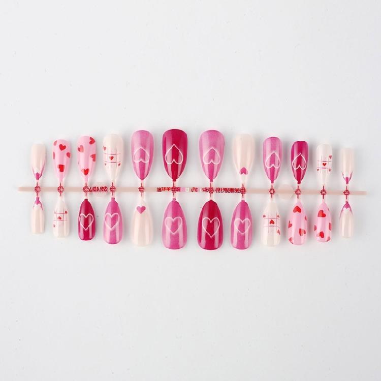 24 Pcs Pink Heart Artificial Nail Valentines Day False Nail Lovely Stick on Nail French Press On Nail for Holiday