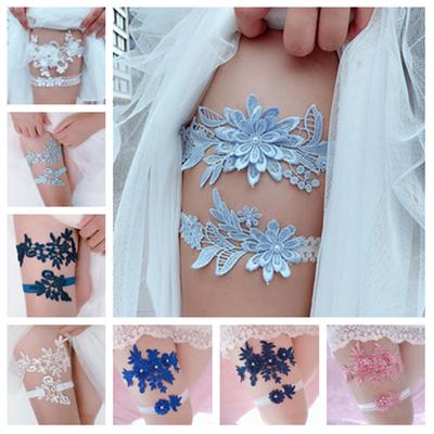 2 Stück Hochzeitsstrumpfband Marineblau Weiß Stickerei Floral Sexy Strumpfbänder Frauen/Weiblich/Braut Oberschenkelring Brautspitze Beinring Schleife