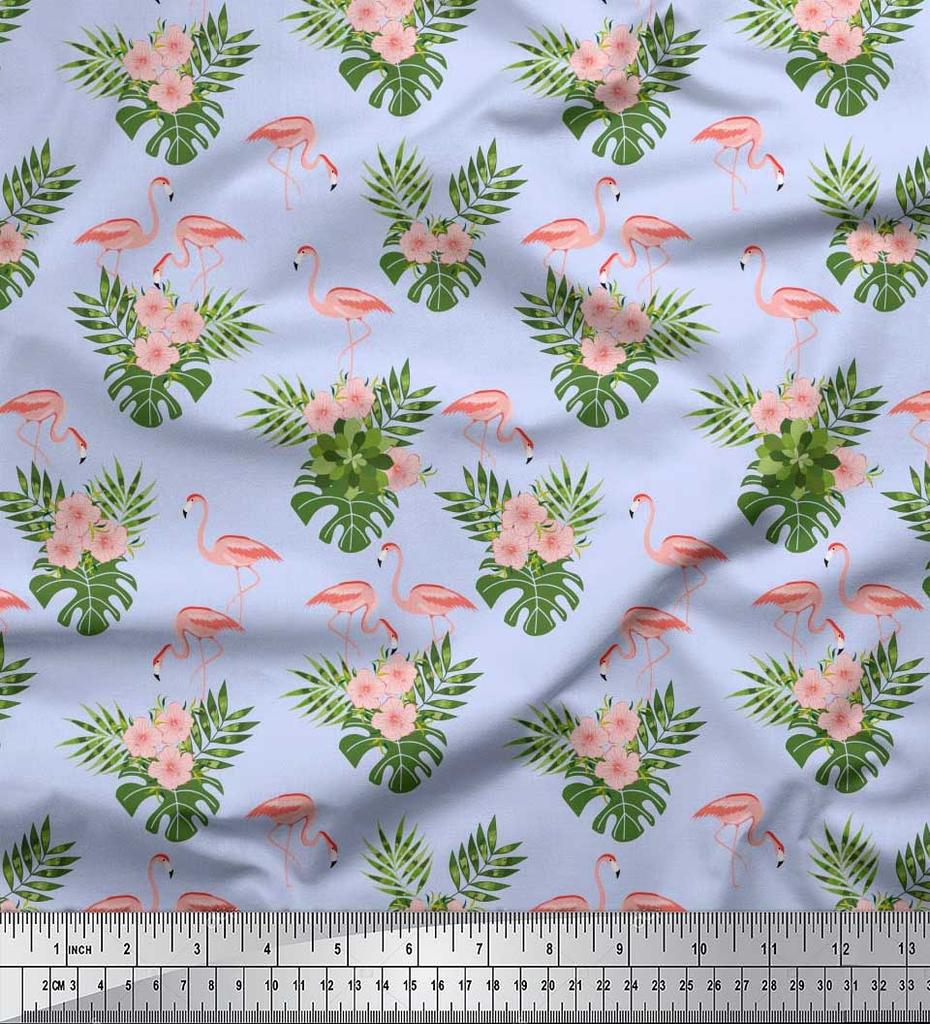 Soimoi Japan Crepe Satin Fabric Tropical Leaves,Floral & Flamingo Bird Print Fabric by the metre 42 Inch