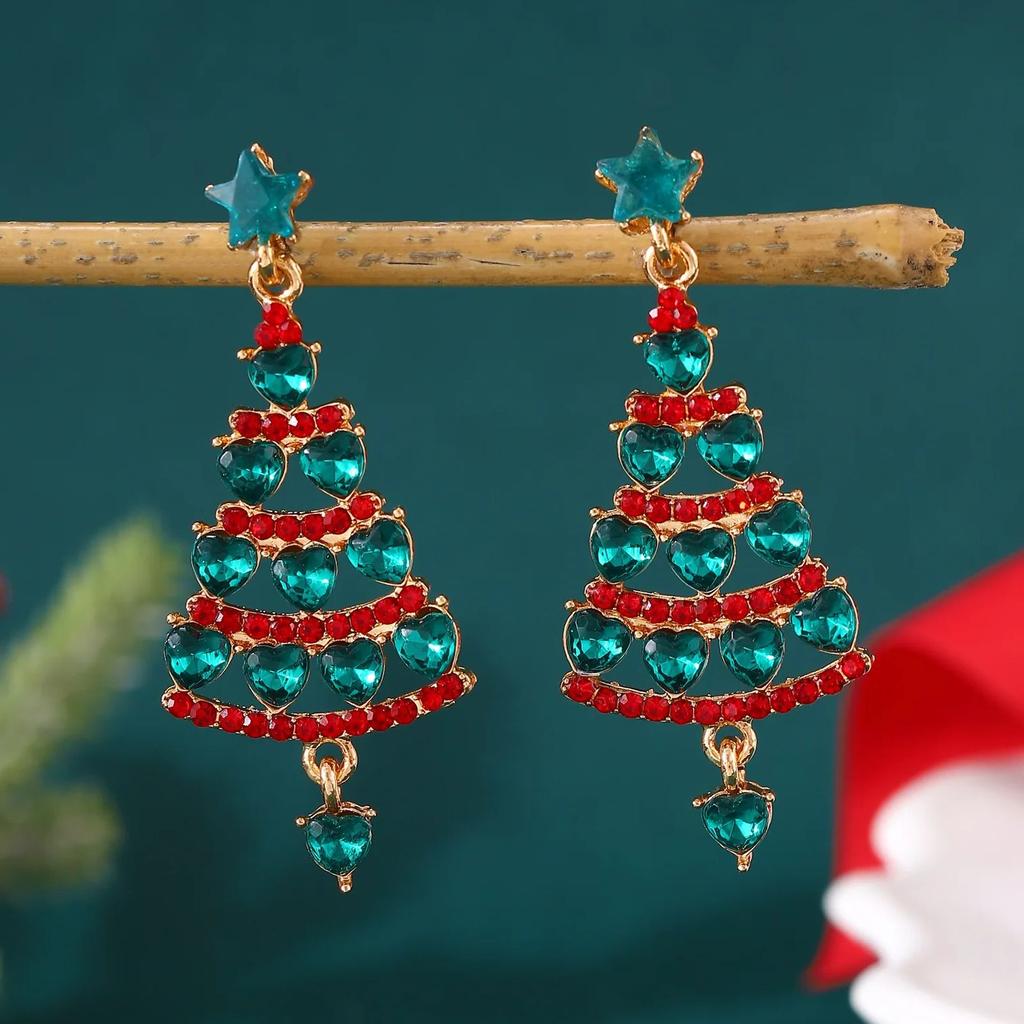 Colorful Zircon Christmas Tree Earrings for Women Fashion Red Green Crystal Tree Pendant Earring New Year Holiday Jewelry Gifts
