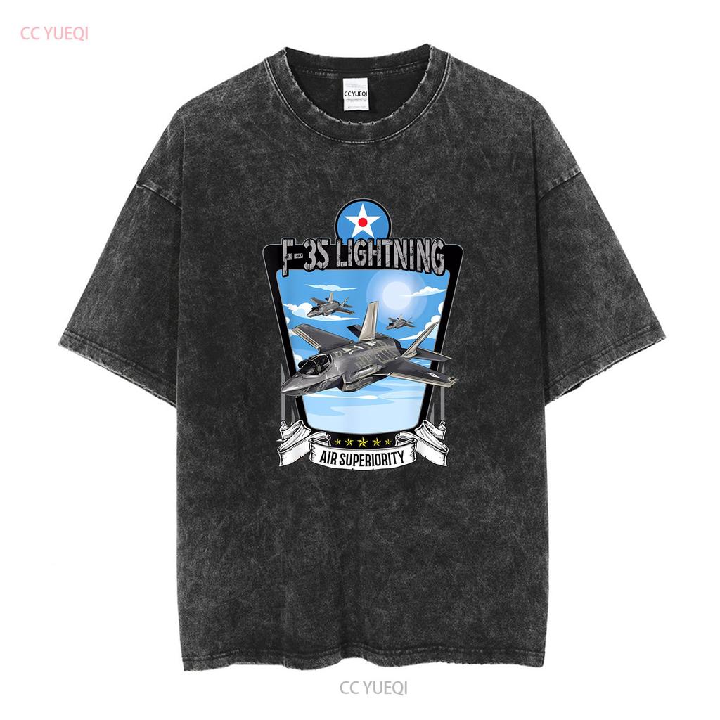 American Aircraft Stealth Fighter F35 lightning T Shirt long or short sleeves vintage Washed Versatile Casual streetwear Unisex
