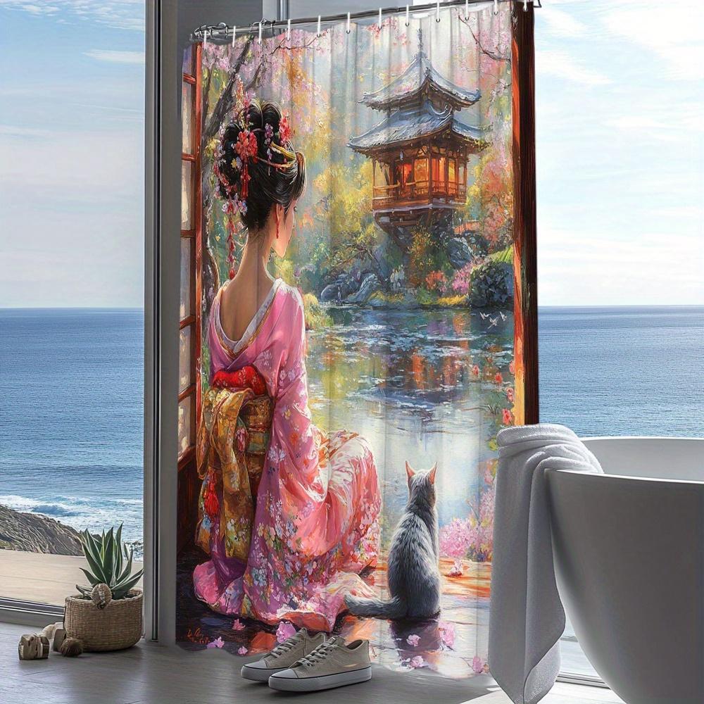

Enchanting Oriental Serenity Wall Tapestry For Tranquil Home Decor, Featuring A Graceful Geisha In Traditional Kimono Gazing W60H190(CM)-1 Pcs