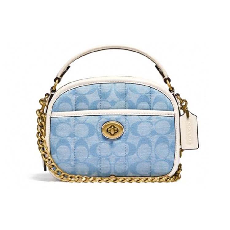 

New COACH Lunchbo Linen With Tanned Leather Shoulder Bag, Crossbody Bag, Handbag Trumpets Women s Blue Monogram C4688-B4SUX 17.0*6.4*13.2CM