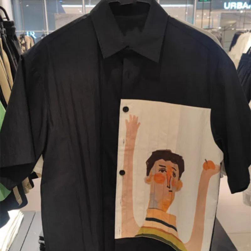 Summer Fashion Casual Versatile Short Sleeved Loose Printed Shirt Men's Contrasting Color Splicing Top