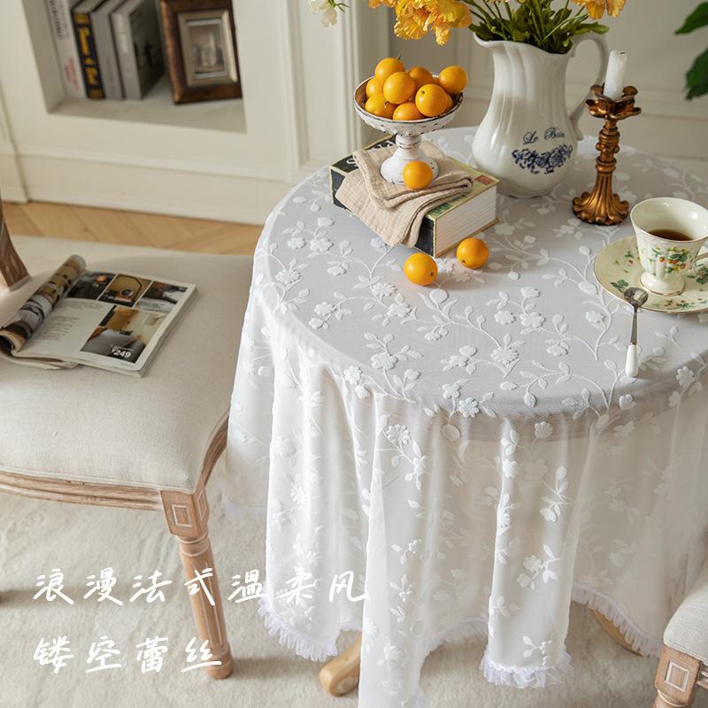 Французская романтическая кружевная скатерть Свадебная белая декоративная скатерть Высокое качество Круглая скатерть Пасторальная вышивка Скатерть Накидка Полотенце 90*90cm