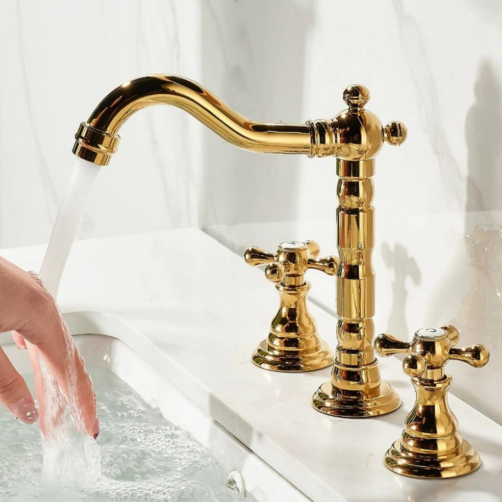 Tuqiu Szeroko rozstawiona Bateria Umywalkowa Mosiądz Złoto Bateria Łazienkowa Chromowana Bateria Umywalkowa 3-otworowa Ciepła i Zimna Bateria Umywalkowa Kranik