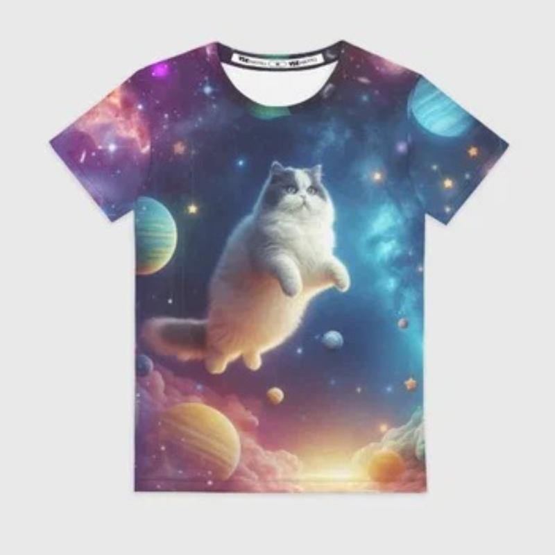 Children's Cartoon Kitten Print Cute Multi-color T-shirts Girls Fashionable Soft Comfortable T-shirt