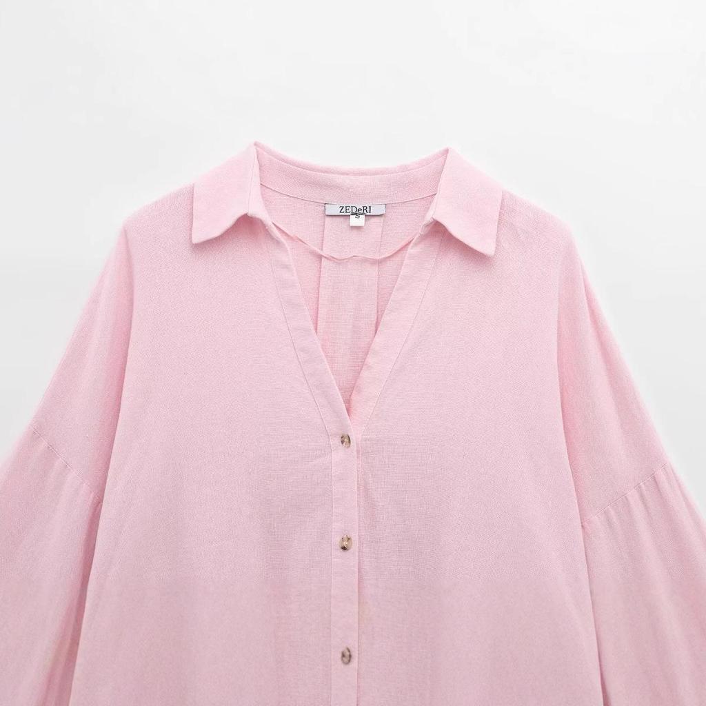 2025 Spring Women's European Fashion Linen Blend Wide Sleeve Shirt