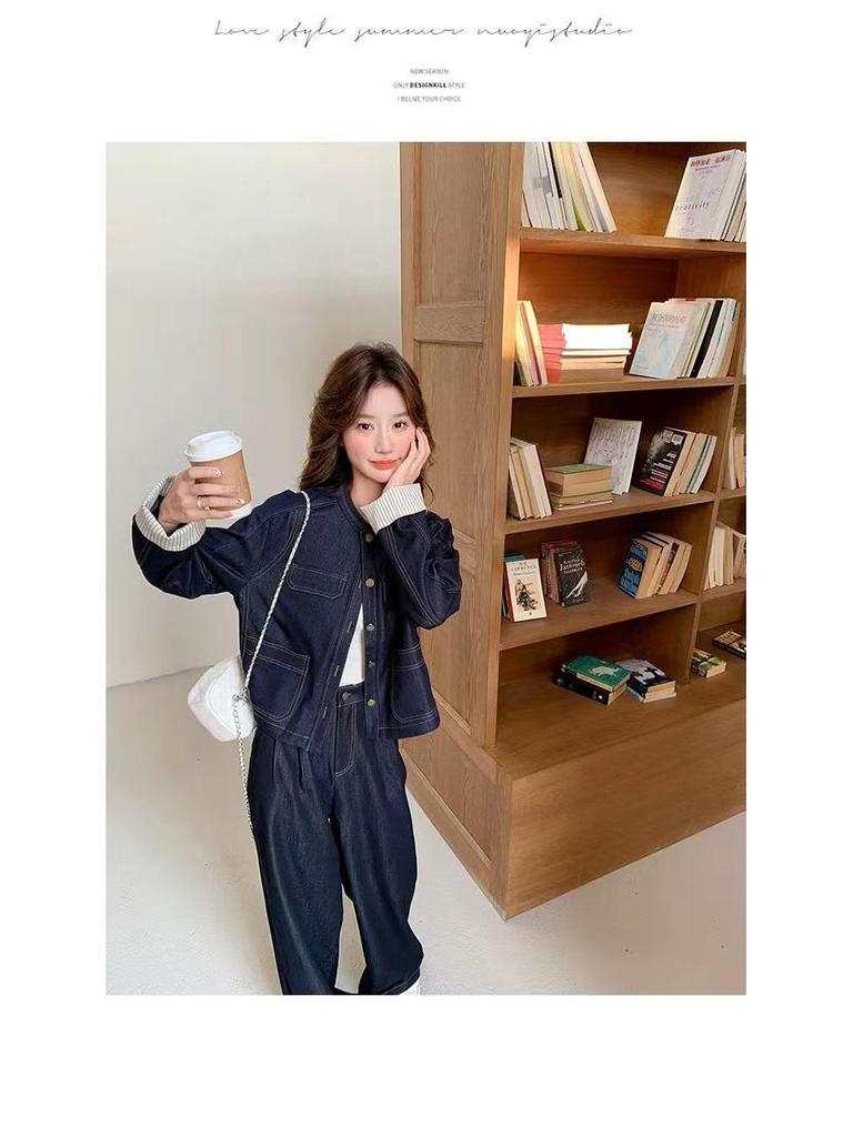 Women's Plus Size Spring & Autumn Denim Suit: Round Neck Jacket & Wide Leg Pants - Unique Two-Piece Set for Young Mothers.