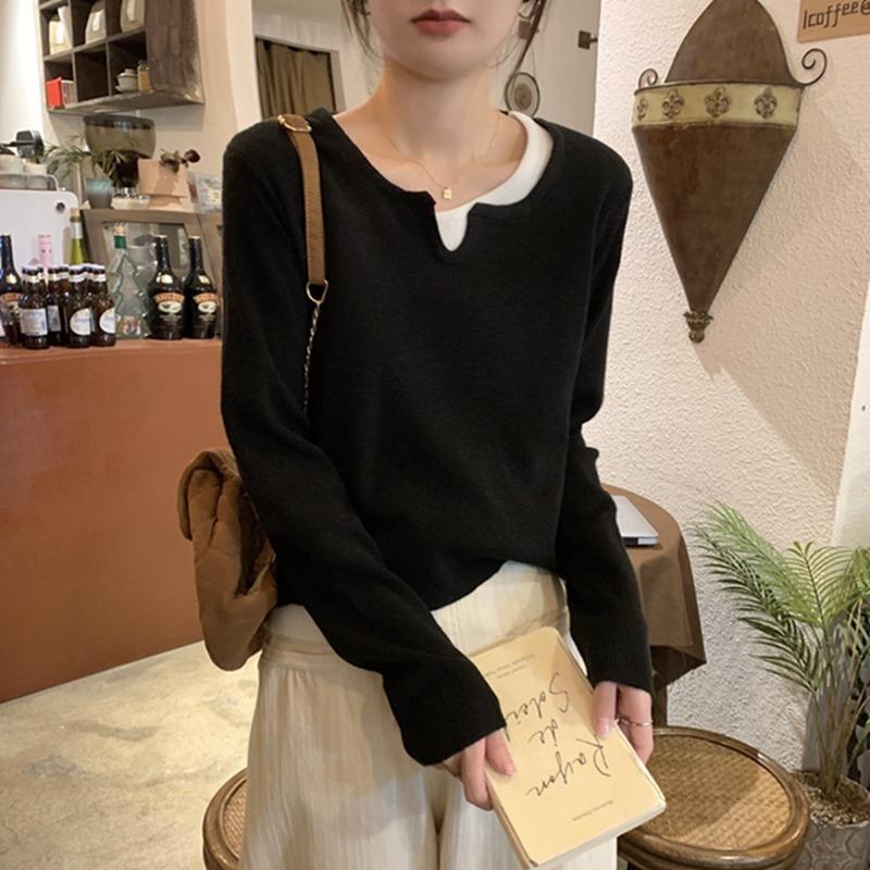 Spring New Design Sense Lazy Wind Fake Two-piece Neck Knitted Sweater Women's Casual and Thin Commuter Primer