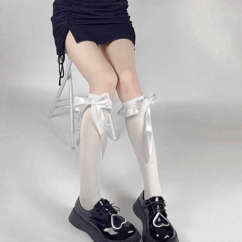 Lace Bow Over Knee Sweet Girl Pure Desire Wind Xiaohongshu Satin Lace Tall Socks Butterfly Ribbon