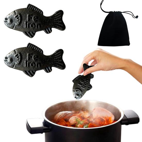 2 Pcs Iron Fish Natural Source of Iron Fe Supplement Fish with Pouch Safe Cooking Tool for Pregnant Women Vegans Athletes
