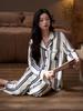 Women's Striped Thin Ice Silk Pajama Set, Long Sleeve, Spring/Autumn Style, High-End Feel for Indoors or Outdoors