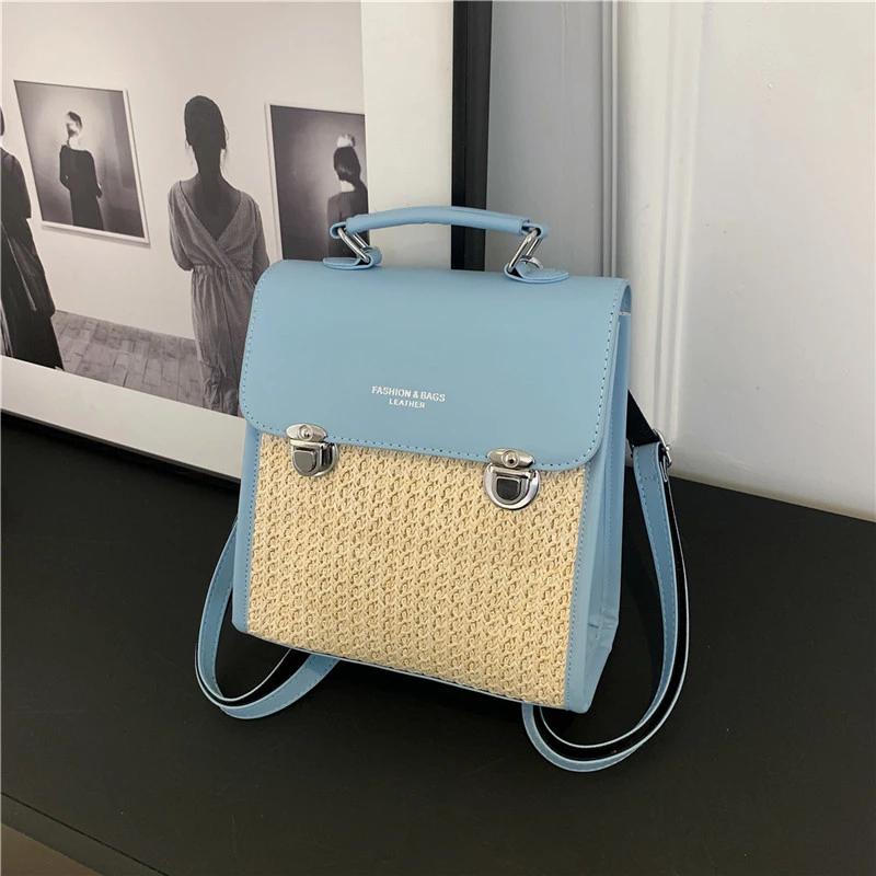 Female PU and Straw Backpack  Versatile Shoulder and Crossbody Bags  Simple Fashion  High Quality  New Style