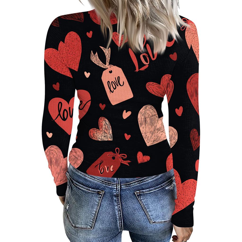 Haut côtelé décontracté et tendance pour femme, à col rond et manches longues, avec imprimé Saint-Valentin.