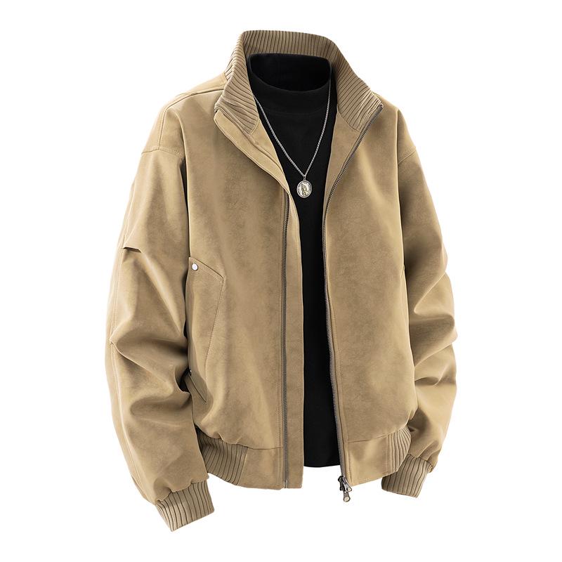 Men's Stand Collar Leather Jacket - American Style, Casual Loose Fit, Spring & Autumn Workwear Coat.