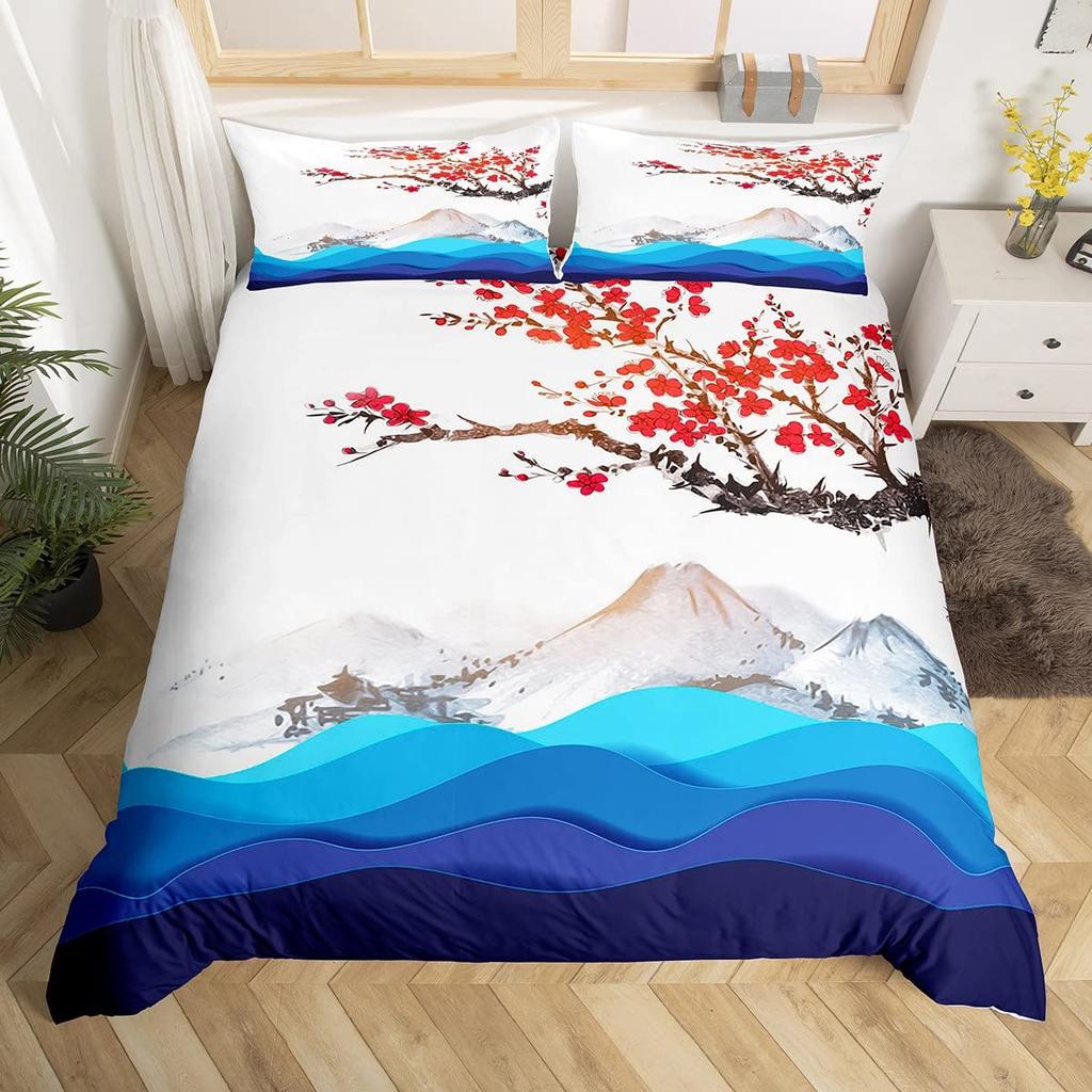 Japanese-Style Bedding Set for Kids Boys Girls Mount Fuji Comforter Cover Cherry Blossoms Duvet Cover Queen Size for Teens Adult