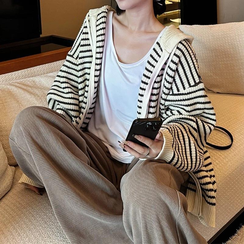 Unisex Retro Hooded Striped Color Block Knit Cardigan for Autumn/Winter Women's Top
