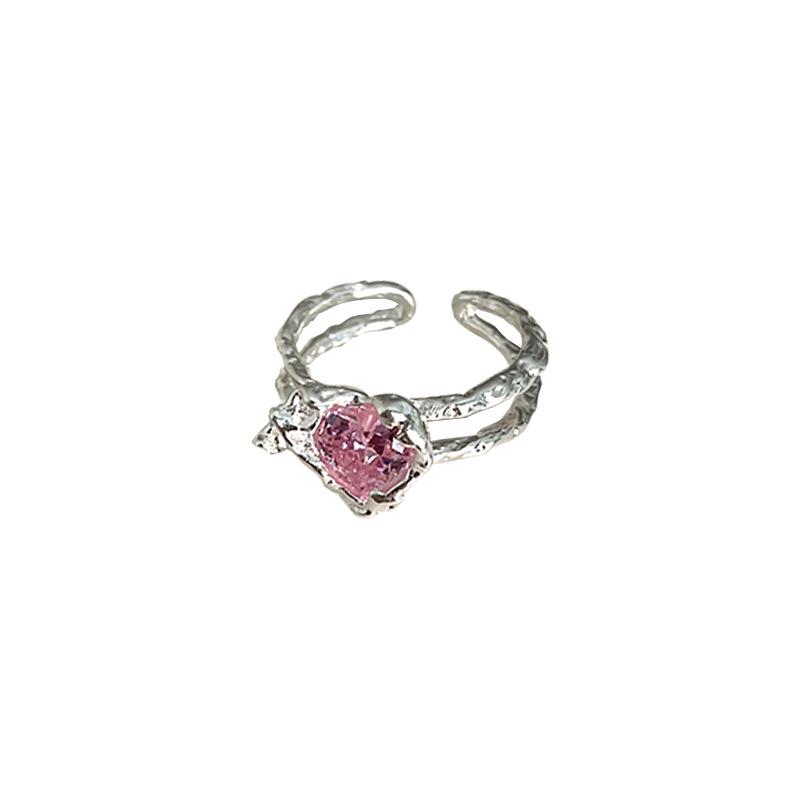 Non-Fading Korean Heart Pink Zircon 925 Sterling Silver Ring for Women