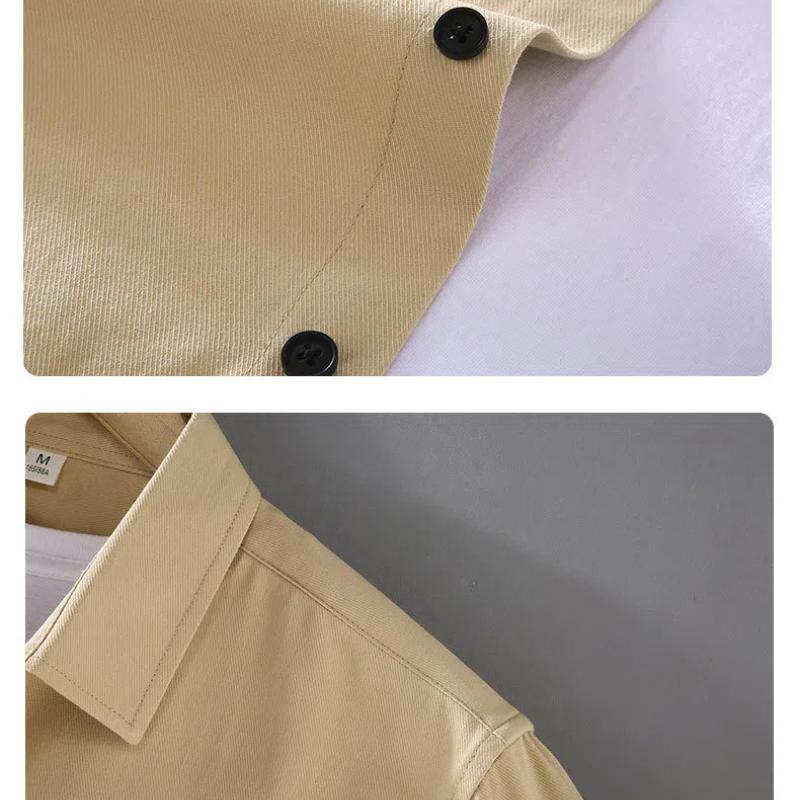 Camisas de Hombre de Algodón de Manga Larga Estilo Japonés Primavera Ropa de Trabajo Tops para Hombre Color Sólido Doble Bolsillo Cuello Puntiagudo Camisa Casual Corte Ajustado