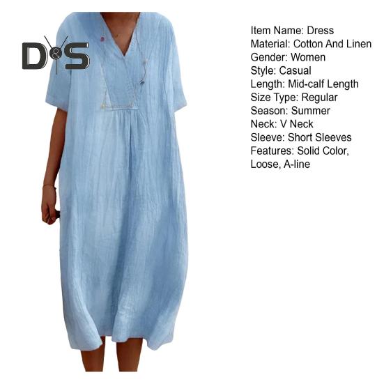 Summer Women Dress V Neck Short Sleeves A-line Solid Color Big Hem Loose Pullover Casual Daily Wear Midi Dress Dating Commuting Long Dress