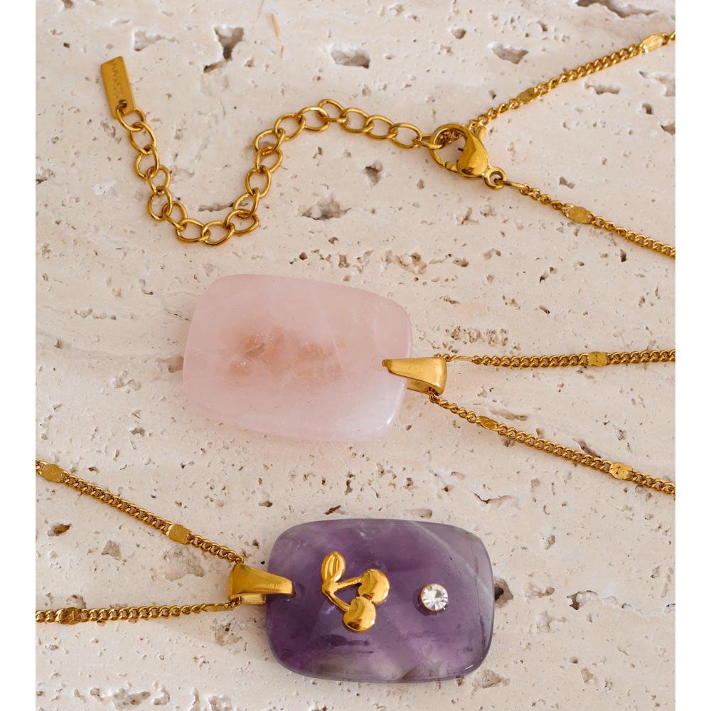 Yhpup Natural Stone Amazonite Amethyst Pink Quartz Star Moon Rectangle Pendant Necklace Stainless Steel French Jewelry Gift