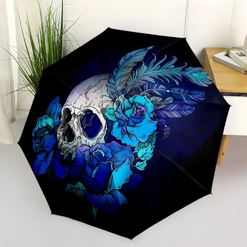 1pc Skull Roses Fashionable Automatic Opening/Closing Folding Umbrella with 8 Bones, Windproof Portable, Daily Use079