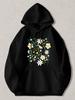 Black Pullover Hoodie with White And Yellow Wildflower Graphic Print Casual Long Sleeve Sweatshirt with Kangaroo Pocket for Daily