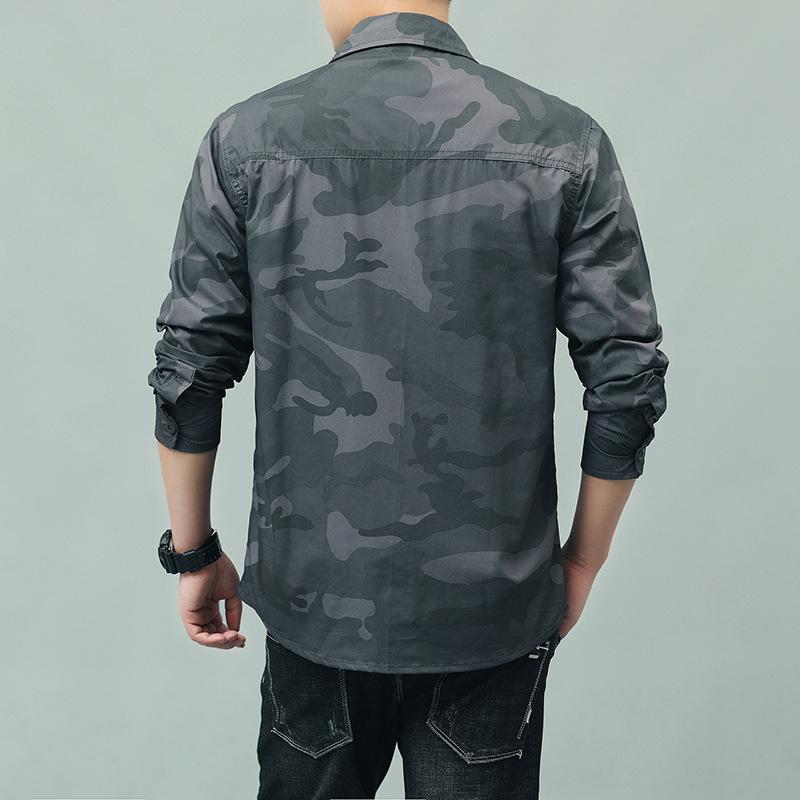 Spring and Autumn Camouflage Long Sleeved Pure Cotton Workwear Shirt for Men, Dual Pocket Versatile Casual Military Youth Outdoor Shirt