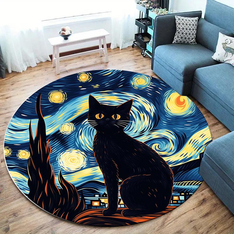 Cartoon Black Cat Round Area Rug,Carpet Rug for Living Room Bedroom Sofa Playroom Decor,Non-slip Floor Mat