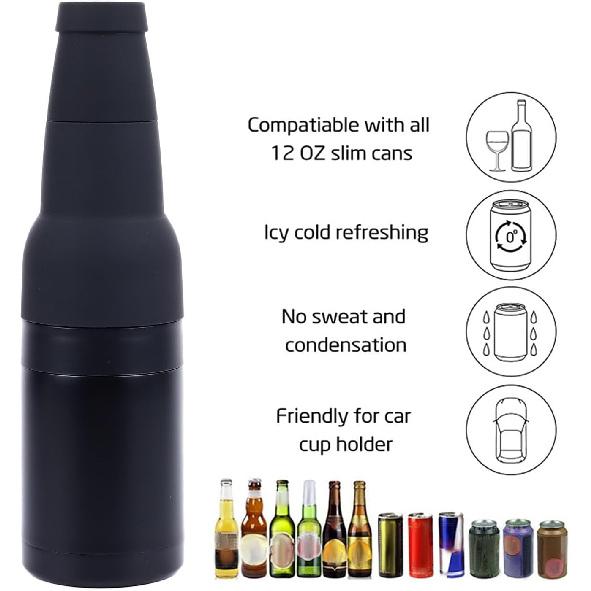 HEEPDD 3-in-1 Stainless Steel Insulated Can Cooler & Bottle Holder with Bottle Opener, Black, 12 Oz