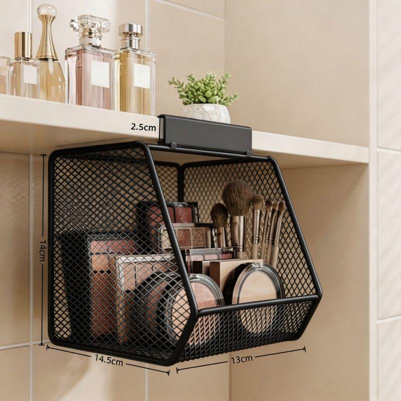 Under Sink Storage Basket Metal Mesh Hanging Basket Drill Free Rust Proof Drainage Bathroom Skincare Organizer Space Saving Rack