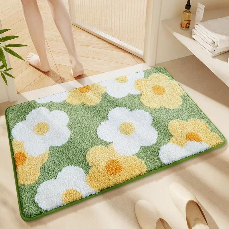 Tapete de Banho de Microfibra Antiderrapante de Alta Absorção - Tapete de Banheiro Plush Floral, Espessado Moderno para Decoração de Casa