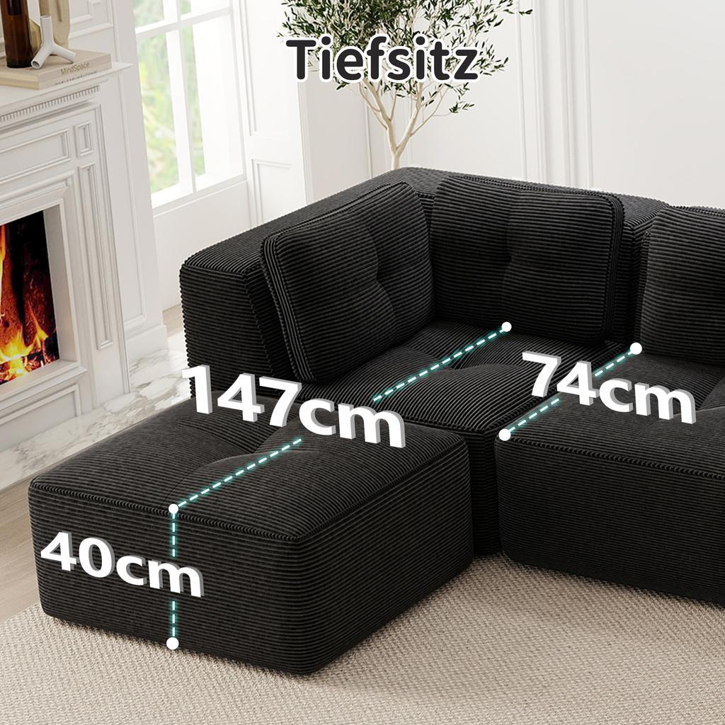 Modular Corner Sofa, Two-seater, Frameless L-shaped with Movable Footrest, Corduroy Fabric, Suitable for Living Room and Bedroom, Black