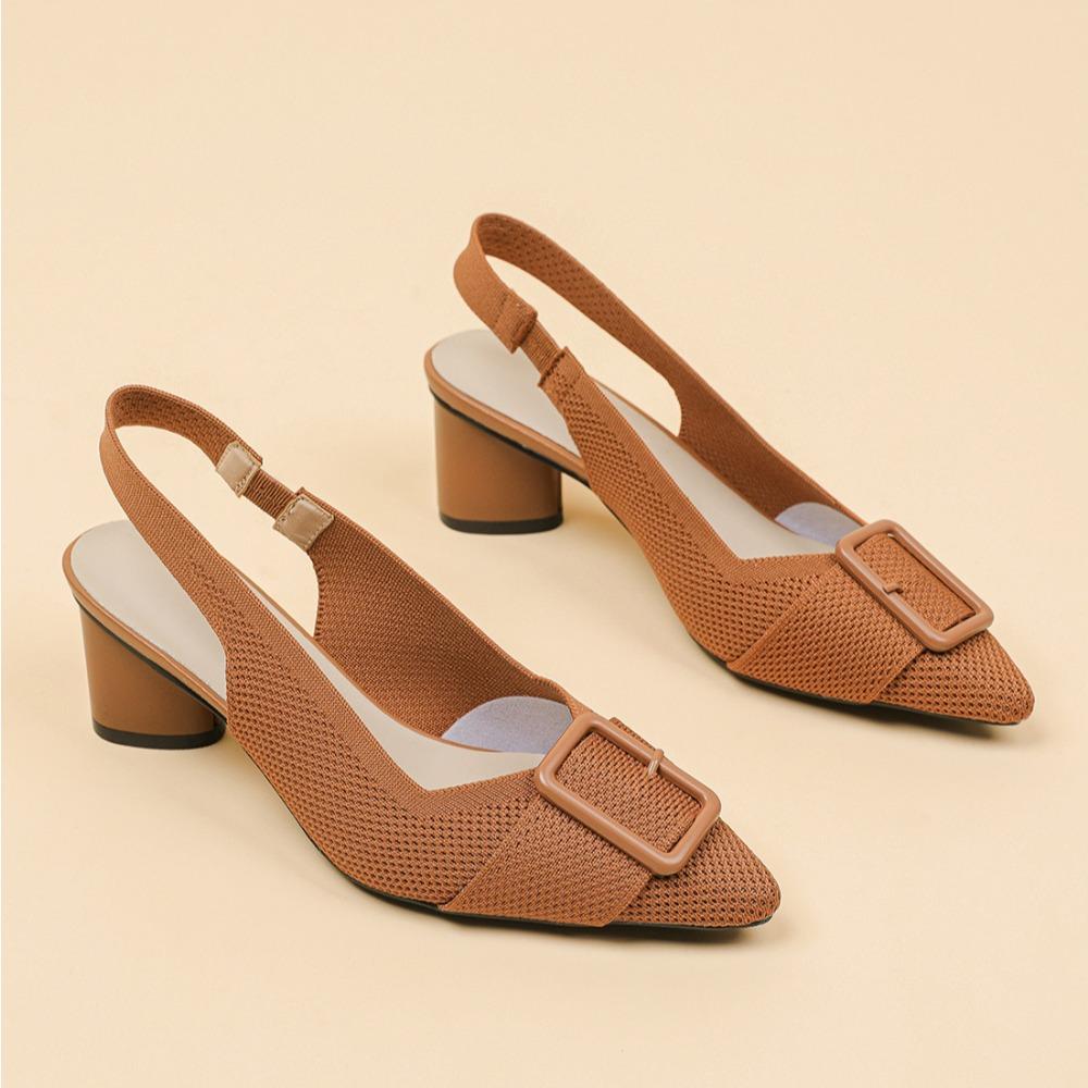 Fashion Sandals for Women 2025 Summer Pointed Shallow Mouth Knitted Hollow Breathable Buckle Thick Heel High-heeled Sandals Women's