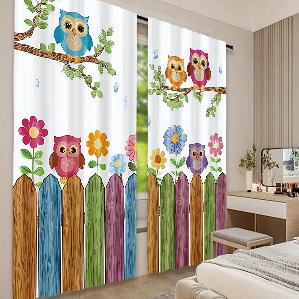 Set Of 2 Flat Printing Party Window Curtains Colorful Owls Branch Digital Printed Polyester Drapes Festive Use Curtain