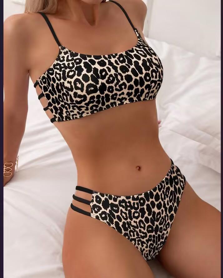 2025 European & American Leopard Print Push-up Color Block Bikini