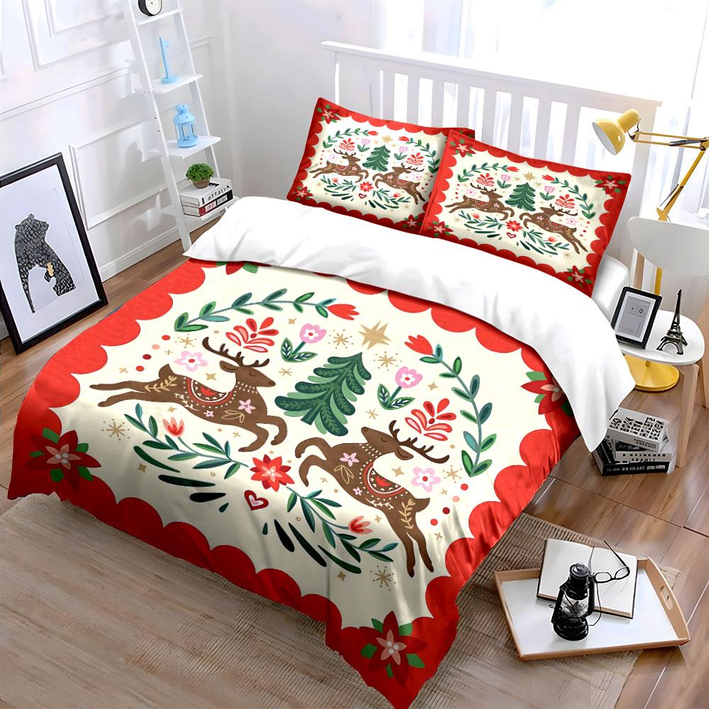 Reindeer and Floral Christmas Design Bedding Duvet Cover Set Duvet Cover Pillowcases  (1*Duvet Cover 2*Pillowcases, without duvet insert)