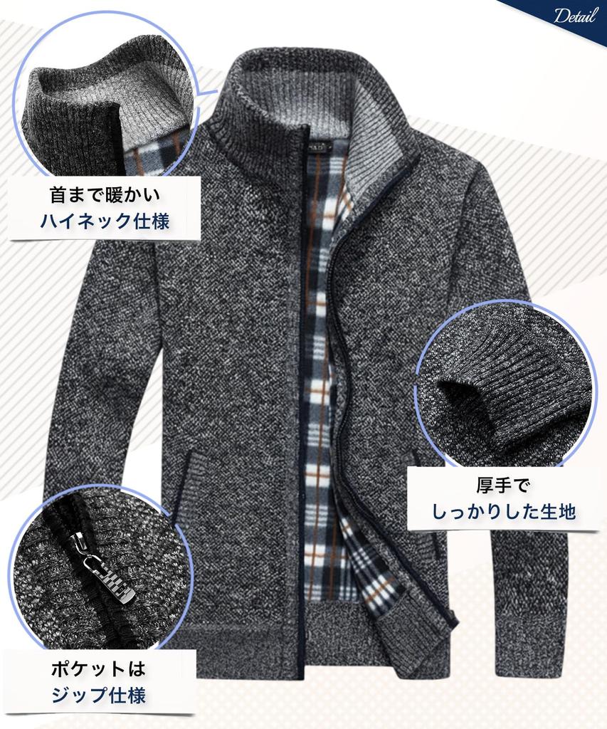 Neiman by Long Sleeve Checked Knit Jacket with Fleece Simple Winter Size M Men's Lining, Zip-Up, Outfit, Black, (5A-N10-BKM)
