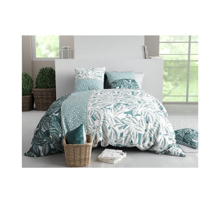 Housse de couette + 2 taies - Feuillage lumineux - 260 x 240 cm - 100% coton - Entretien facile