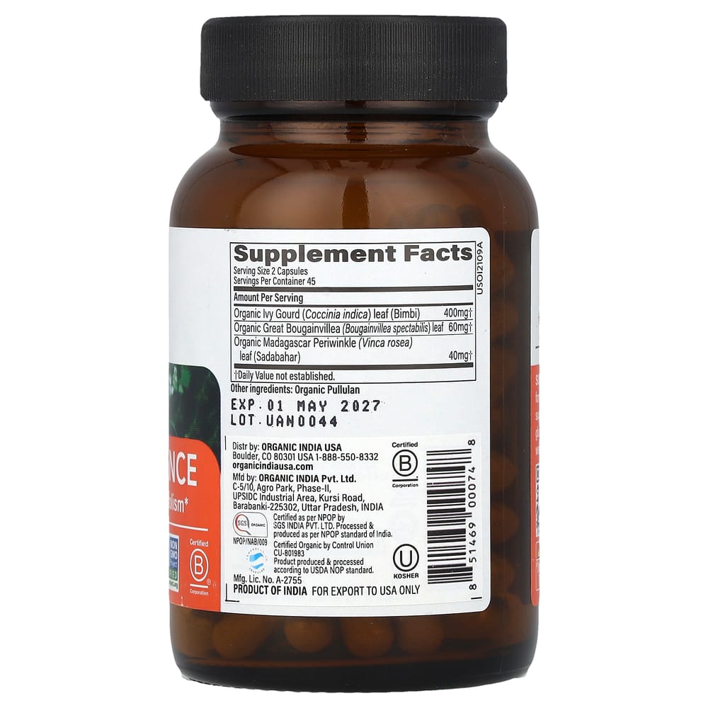 Organic India Sugar Balance Glucose Vegetarian Capsules, 90 Count