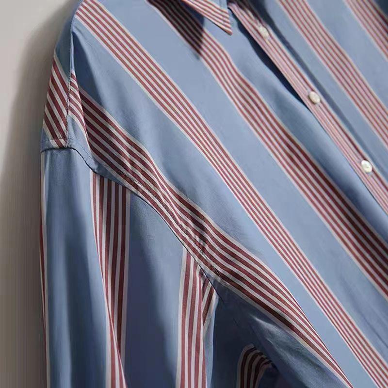 Fashion Contrasting Colors Striped Shirt Spring Autumn Korean Long Sleeve Female Clothing Single-breasted Polo-Neck Loose Blouse