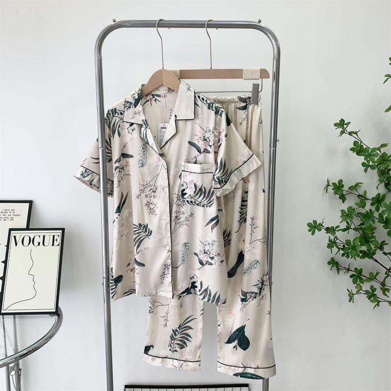 

Pajamas Female Online Influencer Best Selling 2024 Spring and Summer Short Sleeve Pants Cardigan Ice Silk Home Wear Two-piece Set Can Be Outwear Beige XL
