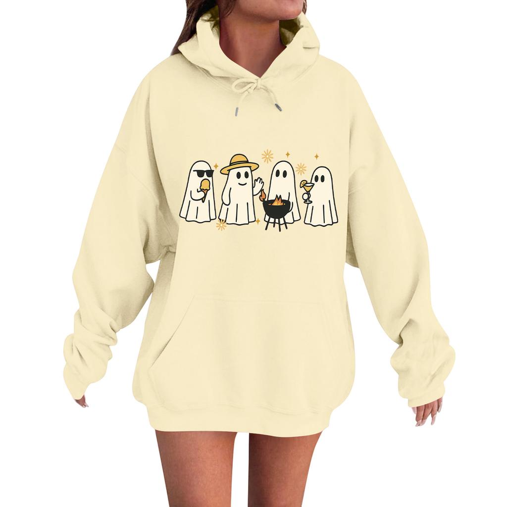 Women's Casual Fashion Comfortable Round Neck With Hood Long Sleeve Halloween Print Warm Sweatshirt