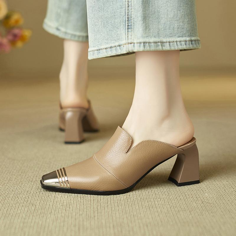 Fashion Women's Shoes 2025 New Summer Metal Headed Genuine Leather Cowhide High Heels Large Square Headed Retro Muller Slippers