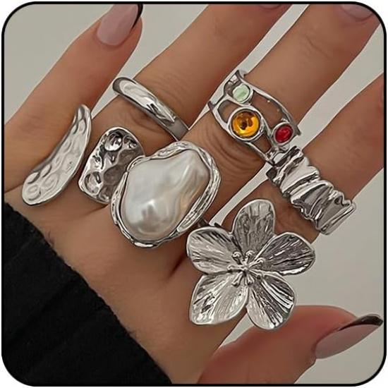 Chunky Gold Rings for Women Non Tarnish Statement Flower Ring Baroque Pearl Stackable Rings Set 6Pcs Chunky Jewelry