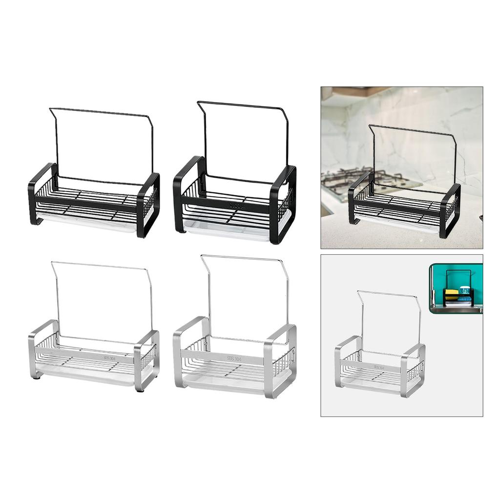 Kitchen Sink Sponge Holder, Dishcloth with Drain Tray ,Stainless Bracket Organizer Rack