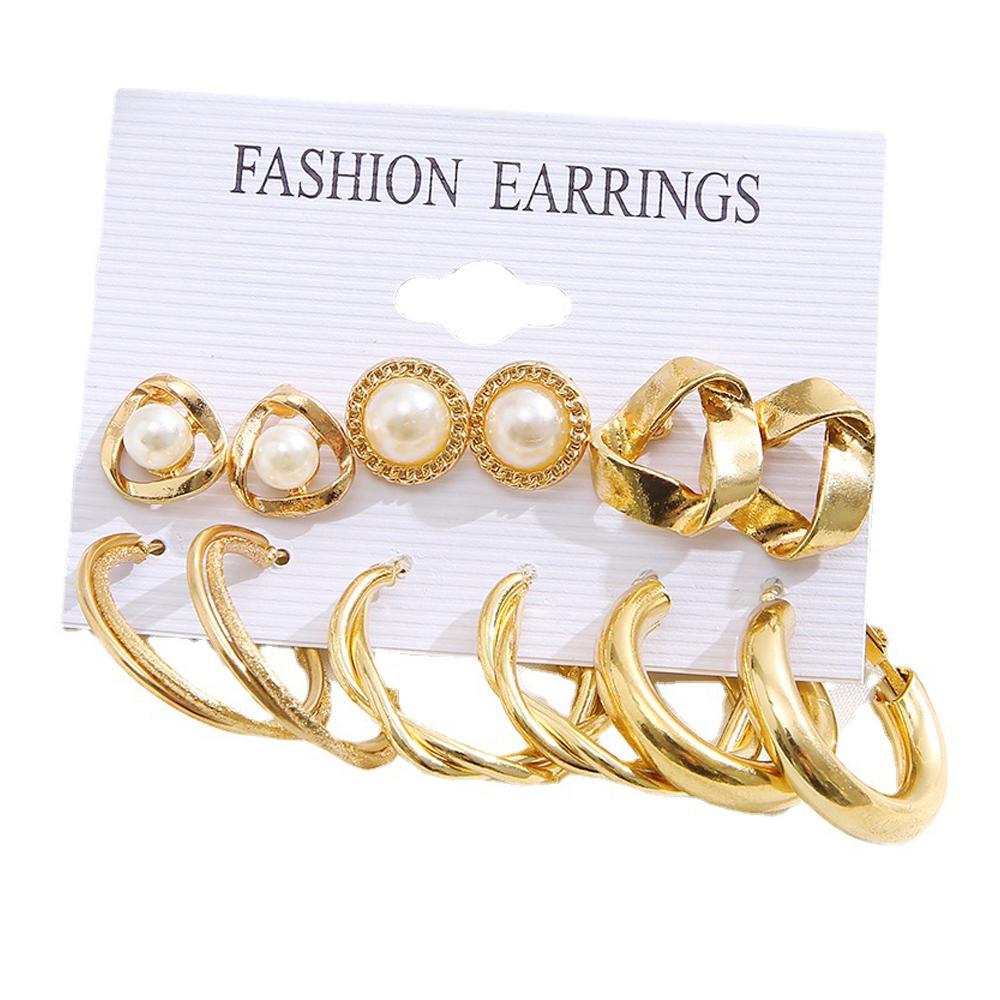 LATS Boho Big Circle Hoop Earring Set for Women Gold Color Bohemia Vintage Pearl Square Earring Heart Zircon Ear Studs Zircon