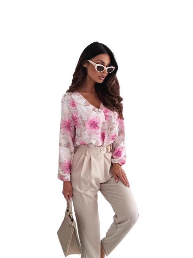 Elegantes Damen V-Ausschnitt Langarm Print Hemd