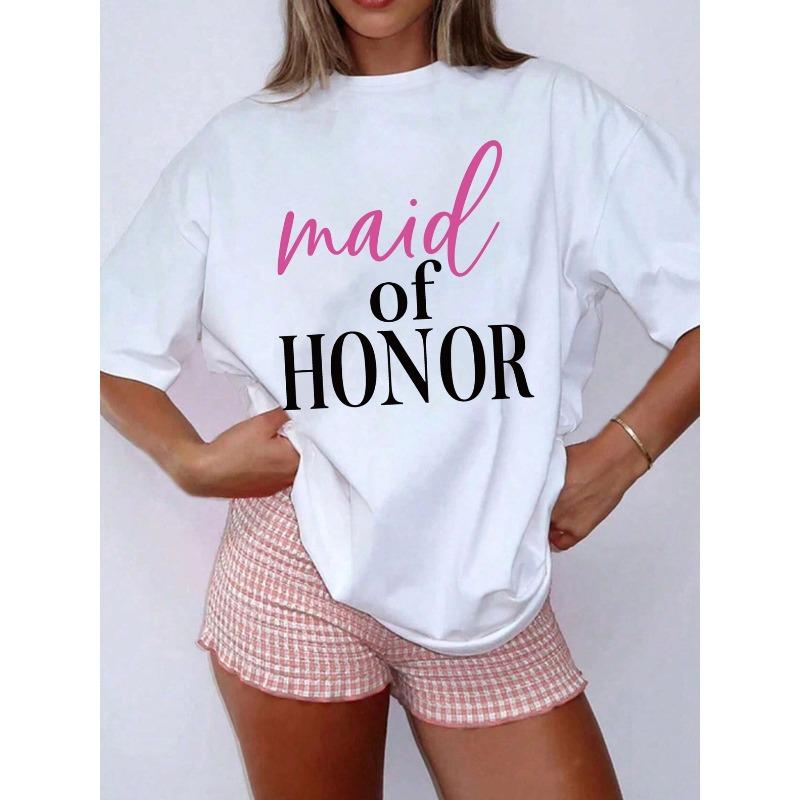 

Plus Size, Bridesmaid, Maid of Honor Print Tshirt Short Sleeve Crew Neck Casual Top for Summer Spring, Women s Clothing S белый